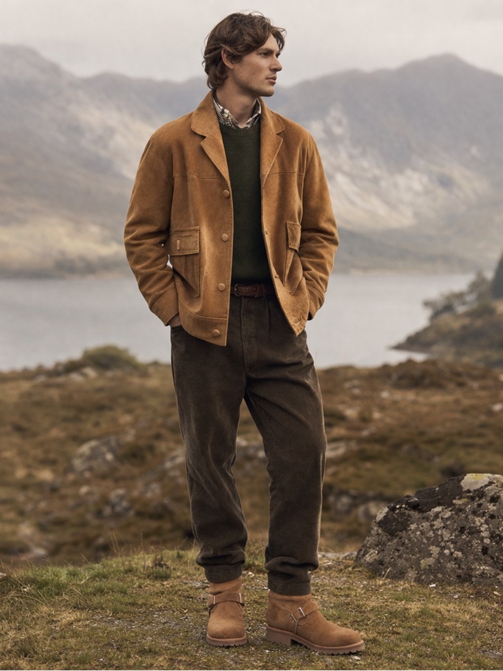 Men’s Camel Thick Brown Suede Button-Front Jacket